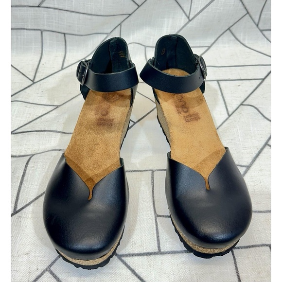 Yokono Made in Spain Mary Jane Wedge Sandal Heels - Black Leather Women's 8 - Picture 1 of 13